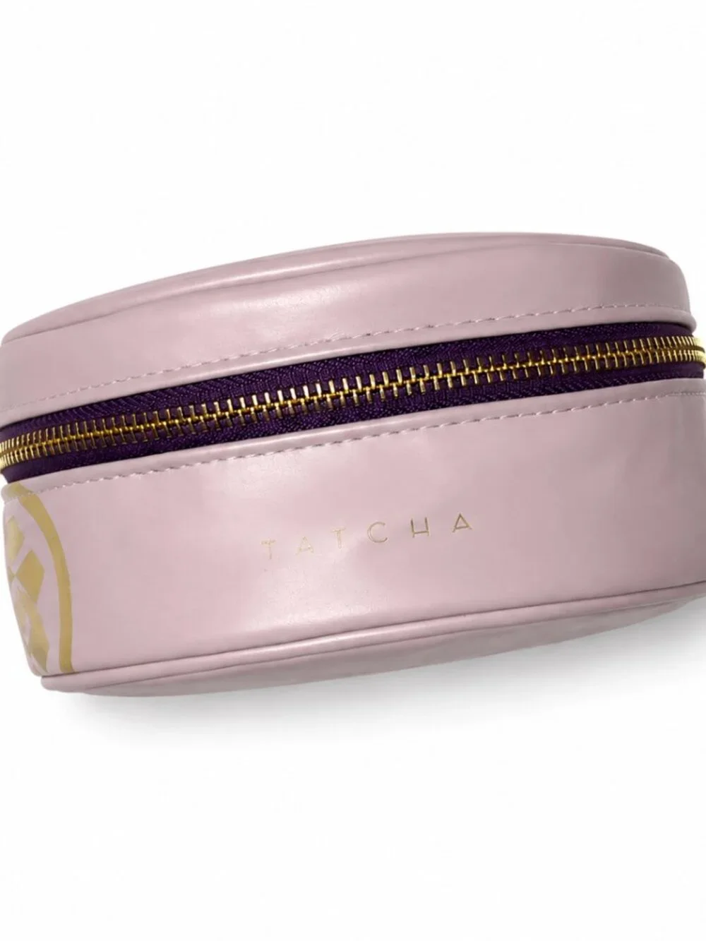 Tatcha Round Makeup Bag Lilac Faux Leather Vanity Train Case Cosmetic Pouch